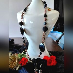 Elegant 3 Pc Black and Gold and Copper Necklace N Earrings Set